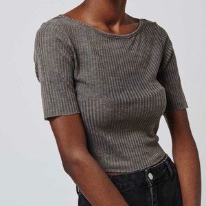 Topshop Gray Ribbed Slash Semi-Sheer Short Sleeve Cropped Tee